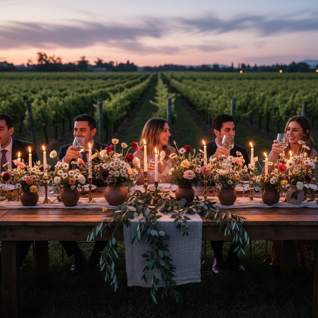 Mesa de celebración con florería silvestre y velas en viñedo de Casablanca