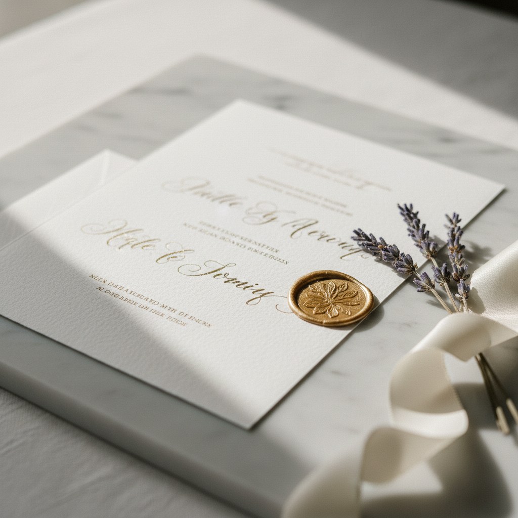 Detalle de papelería caligráfica artesanal con lacre dorado