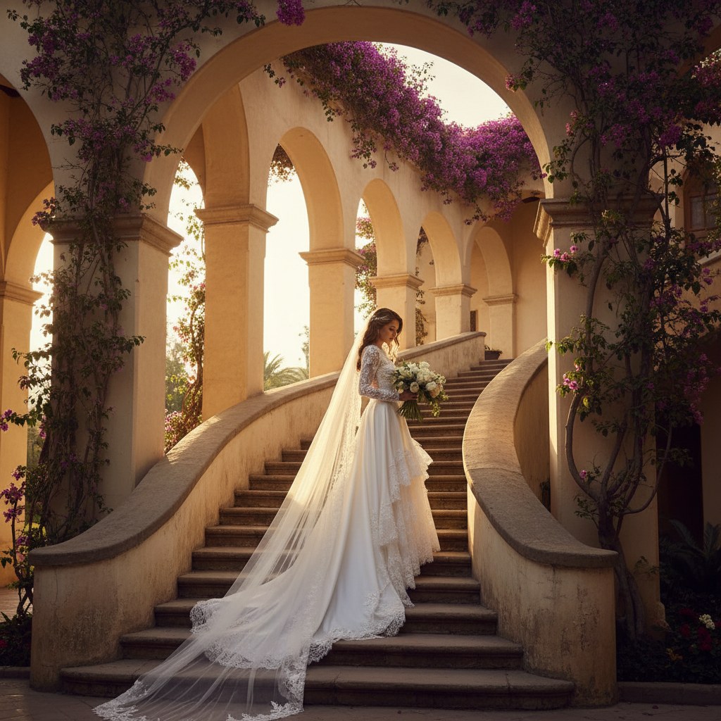 Novia en vestido de alta costura en escalinata de hacienda colonial chilena